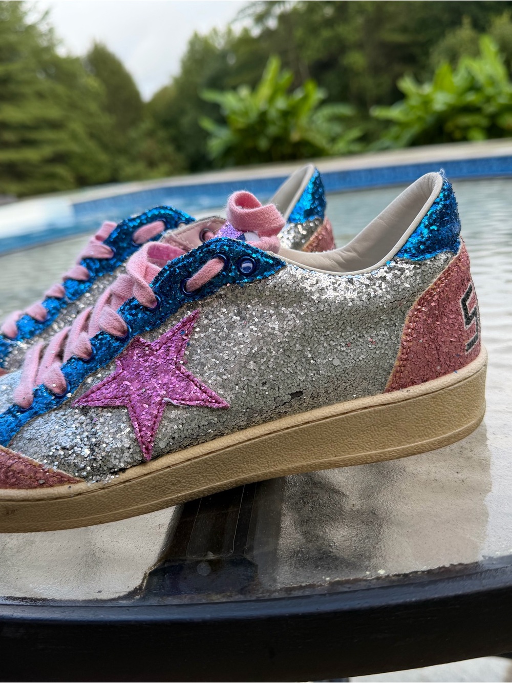 Golden Goose Silver Glitter Sneakers with Pink Star and Blue & Pink Accents - Picture 11 of 16